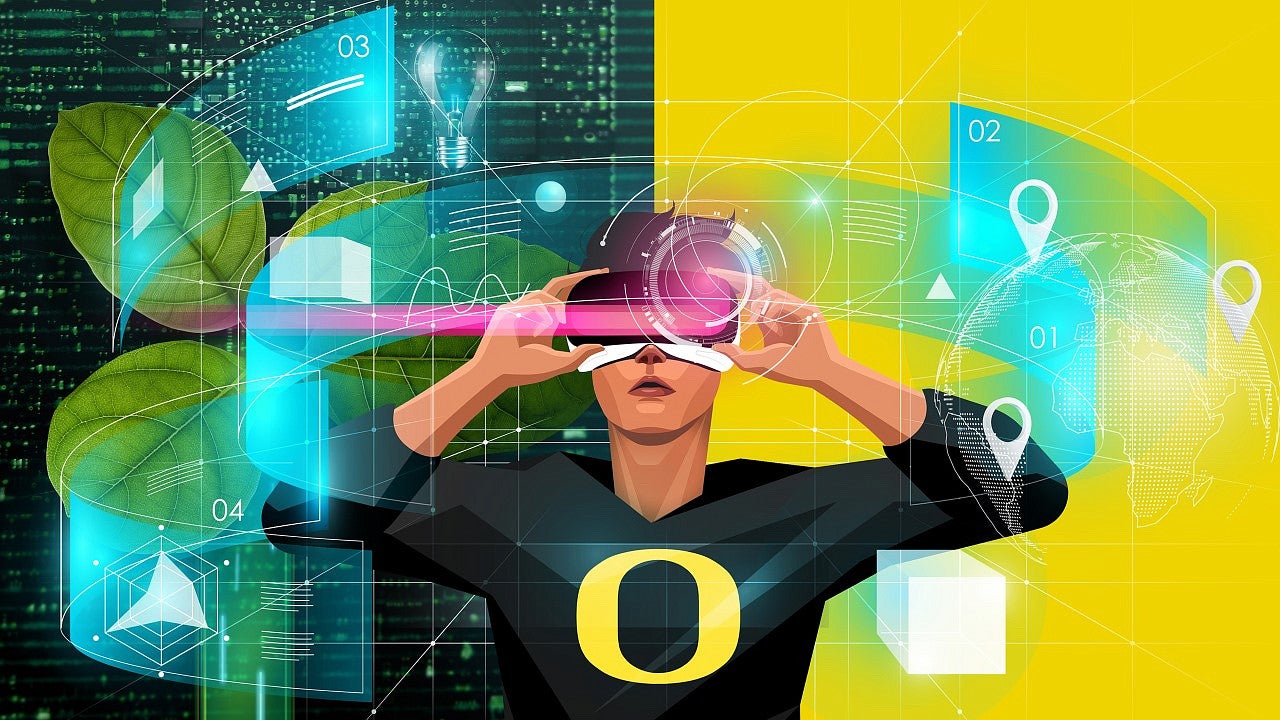 Illustration of a person holding VR goggles to their face with holograms around them