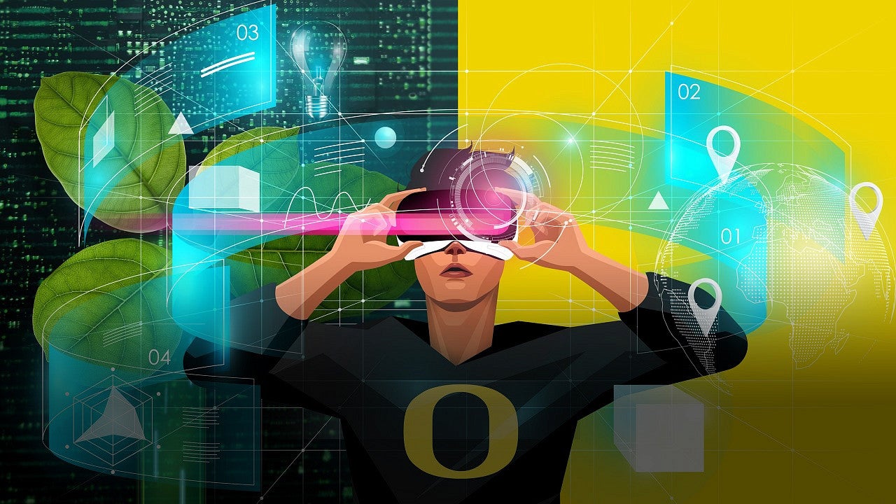 Illustration of a person holding VR goggles to their face with holograms around them