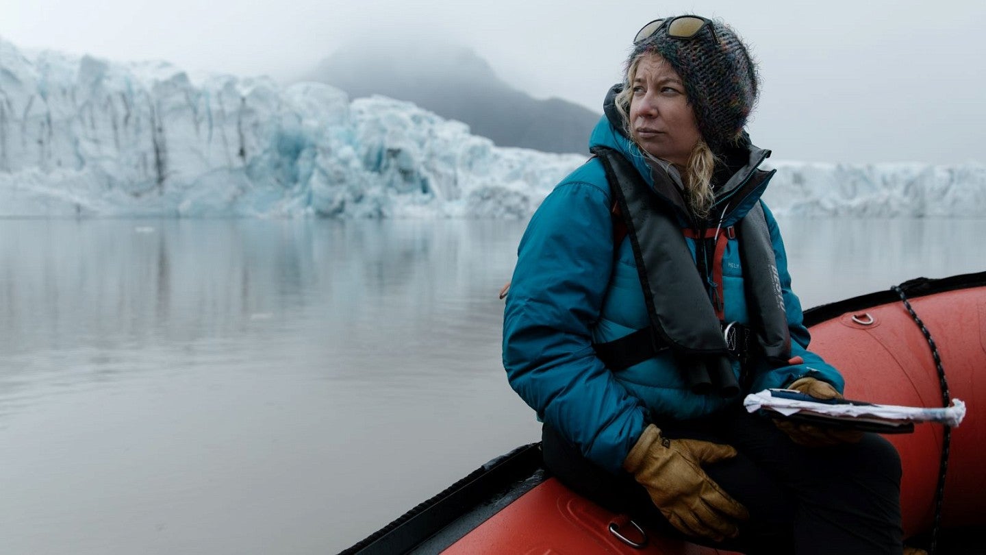 m jackson on a raft near a glacier