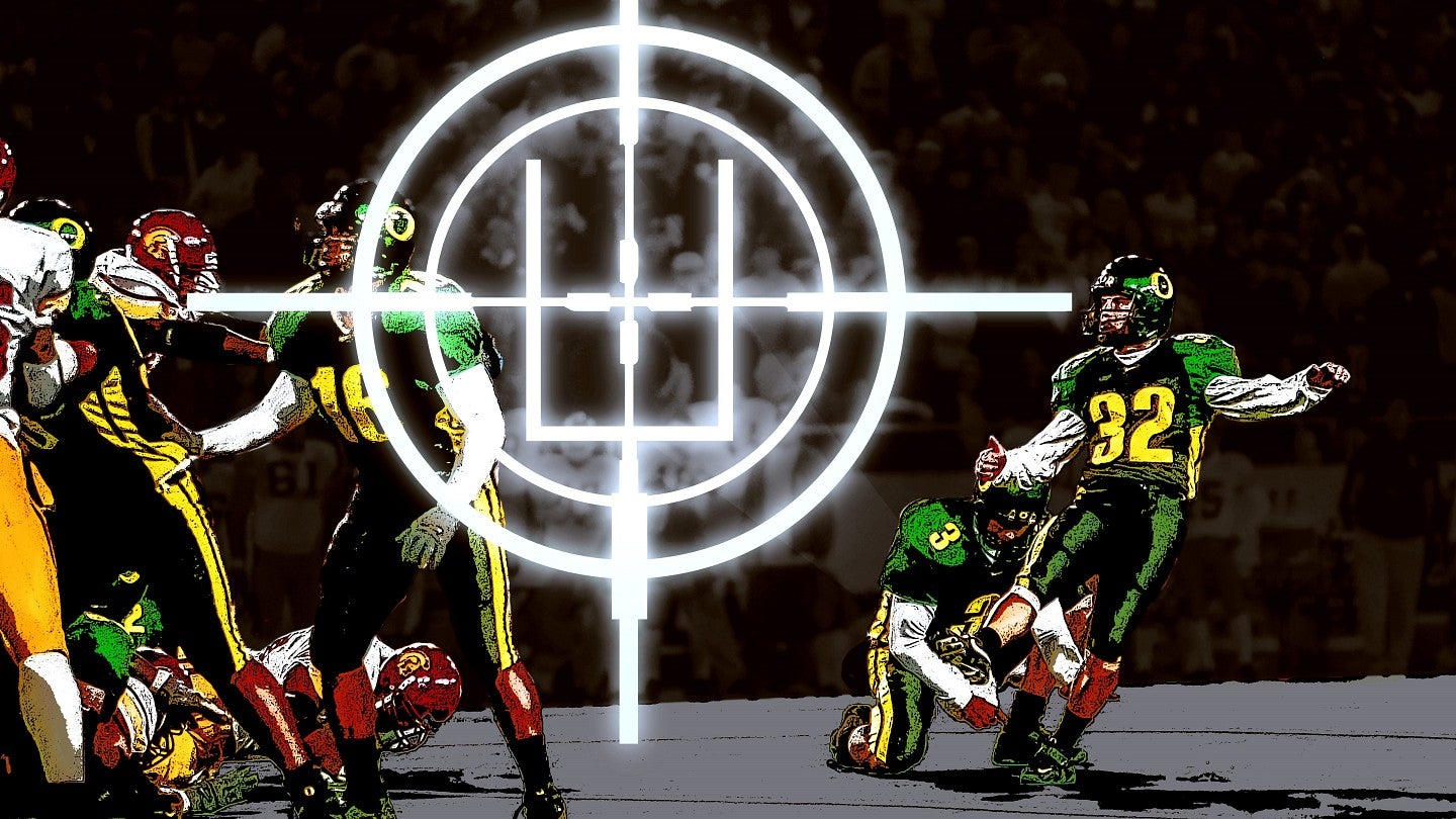 An illustration of placekicker Josh Frankel kicking the game winner with a large bull's eye radar