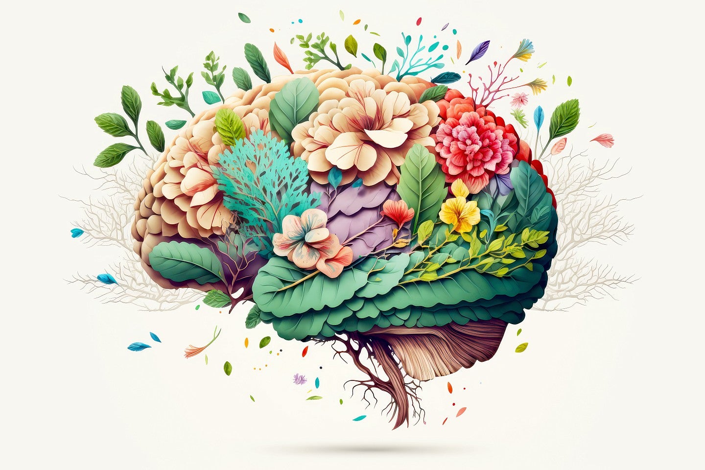 illustrated brain with lush floral growth