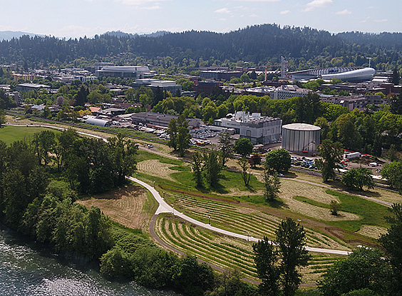 A bird's eye view of an environmental design project along the Willamette River