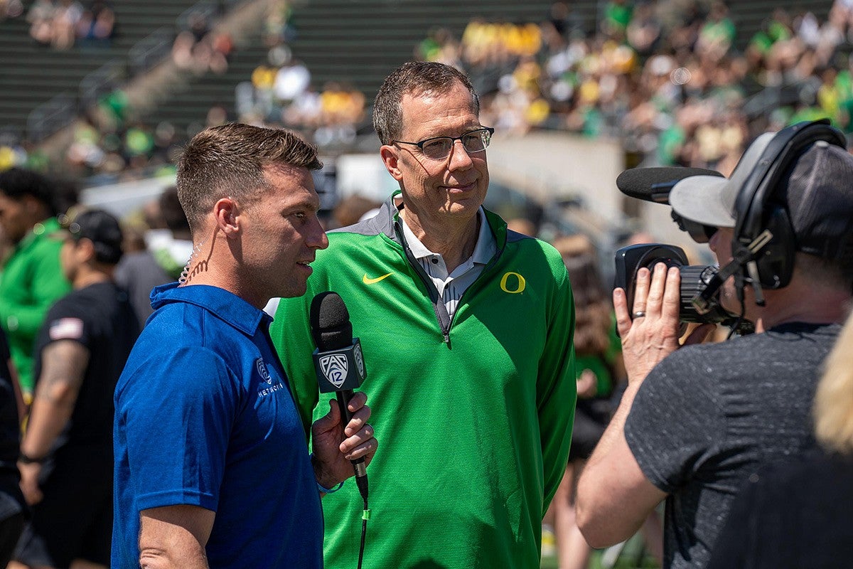 President Scholz in an interview for the Pac 12 network at Autzen Stadium