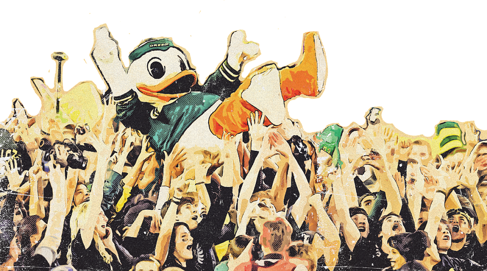 Photo illustration of the Duck being lifted by fans