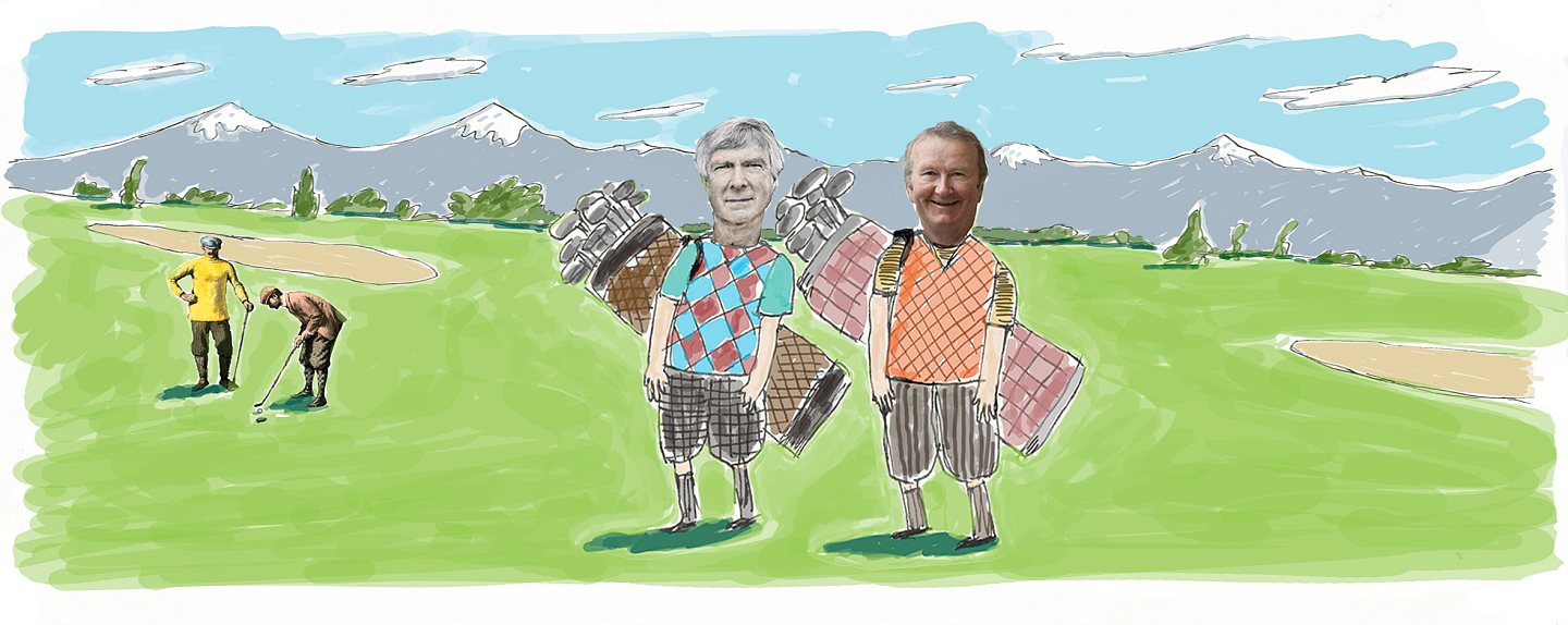 Photo illustration of John and Dave Frohnmayer playing golf