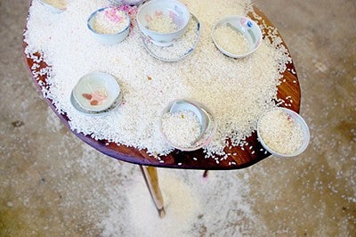 Small table with overflowing bowls of rice