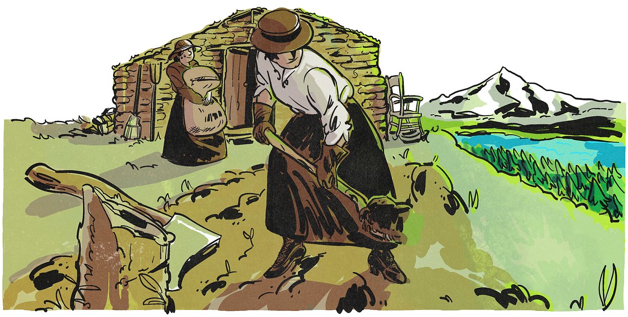 Illustration of Dr. Marie Equi working Oregon homestead