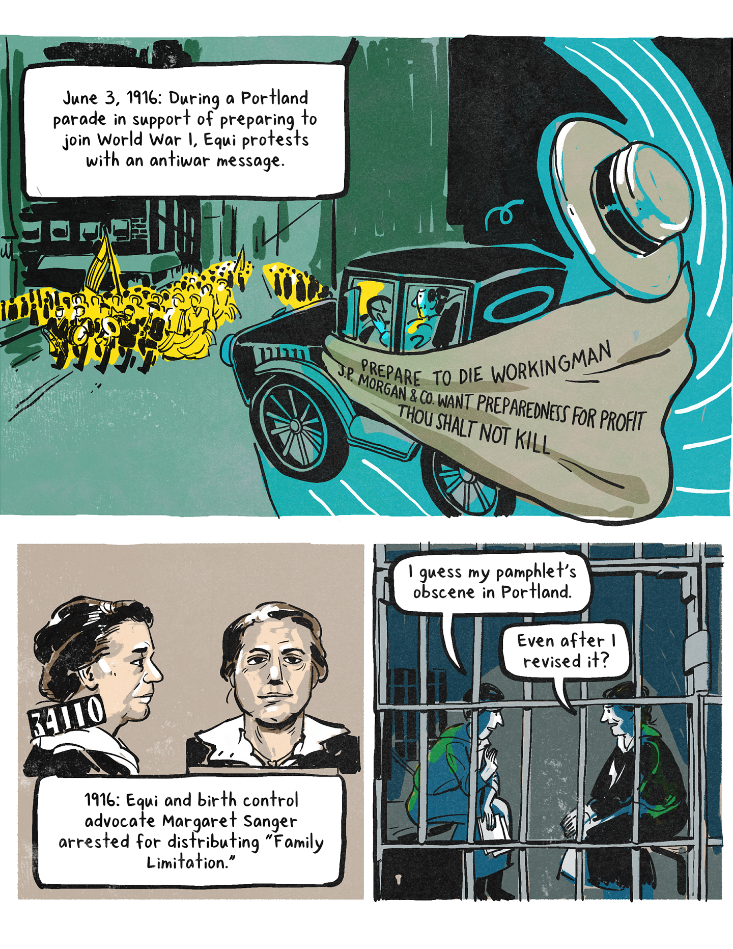 Illustration of Marie Equi protesting WWI and in jail with Margaret Sanger 