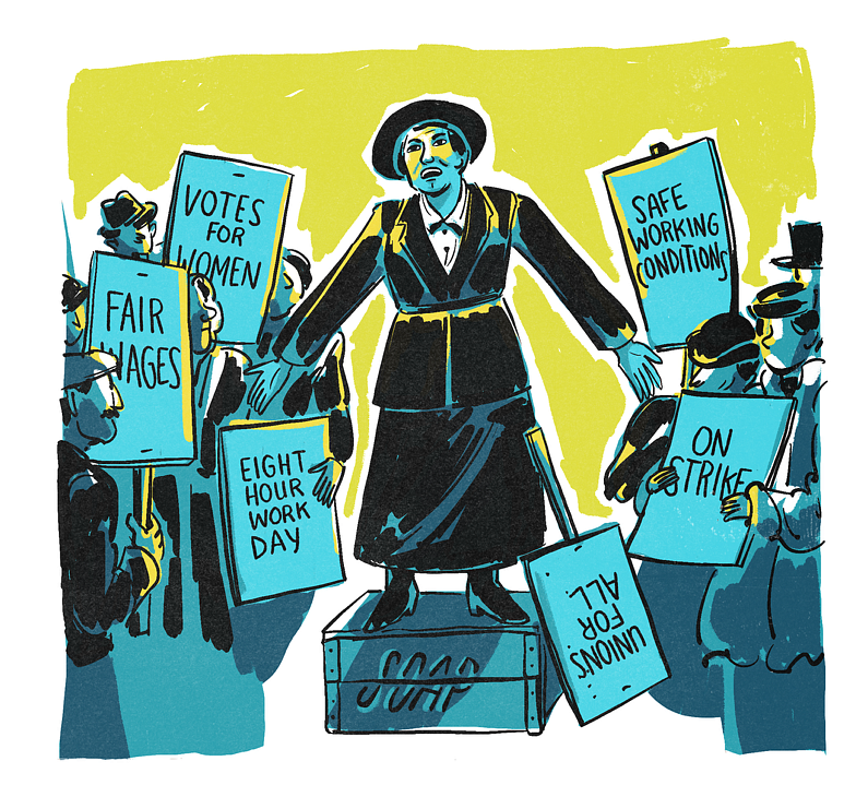 Illustration of Marie Equi giving soapbox speech