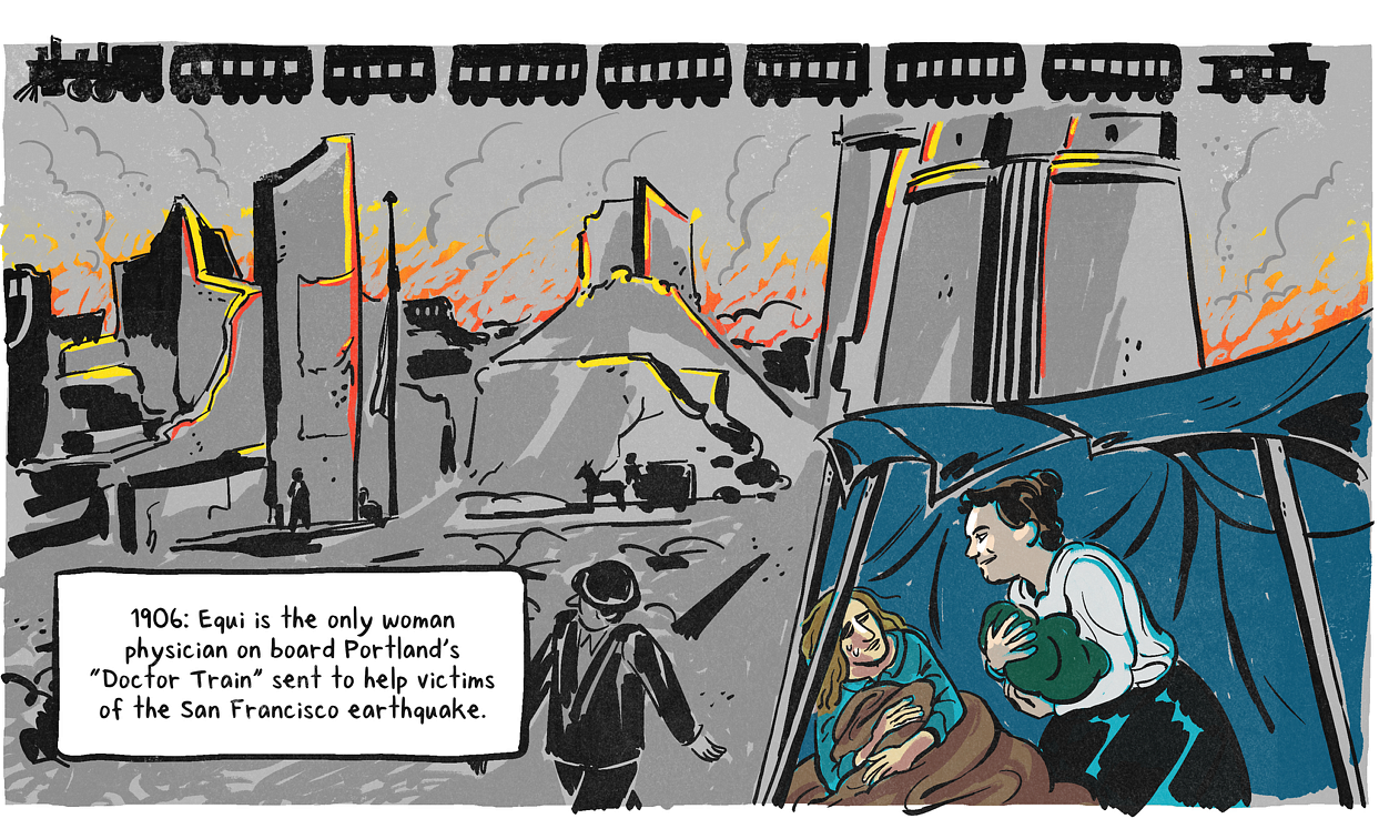 Illustration of Marie Equi helping during 1906 San Francisco earthquake