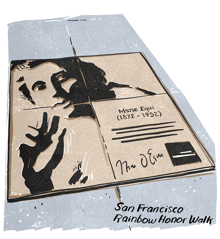 Illustration of plaque on San Francisco Rainbow Honor Walk honoring Marie Equi
