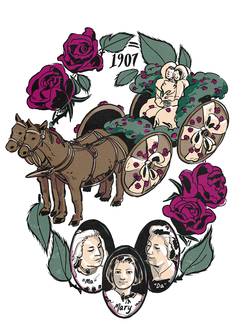 Illustration of Marie Equi and Harriet Speckart in Portland's Grand Floral Parade
