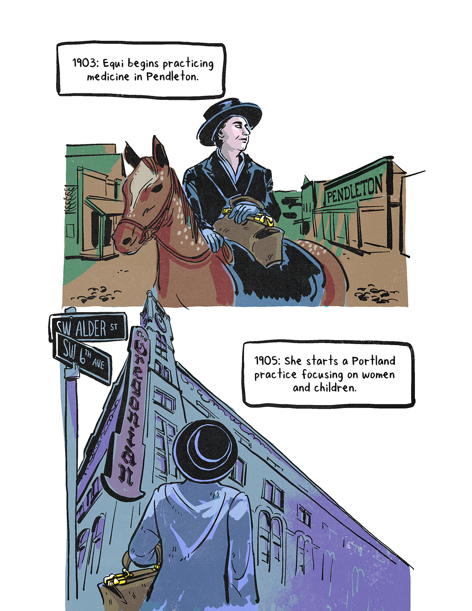 Illustration depicting Marie Equi as a physician in Pendleton and Portland, Oregon