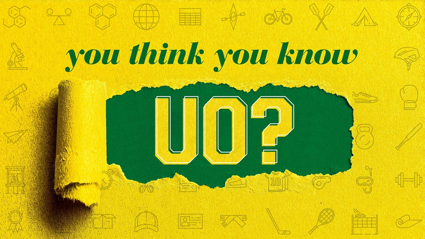 Text asks: You Think you Know UO? on background of torn paper with academic icons