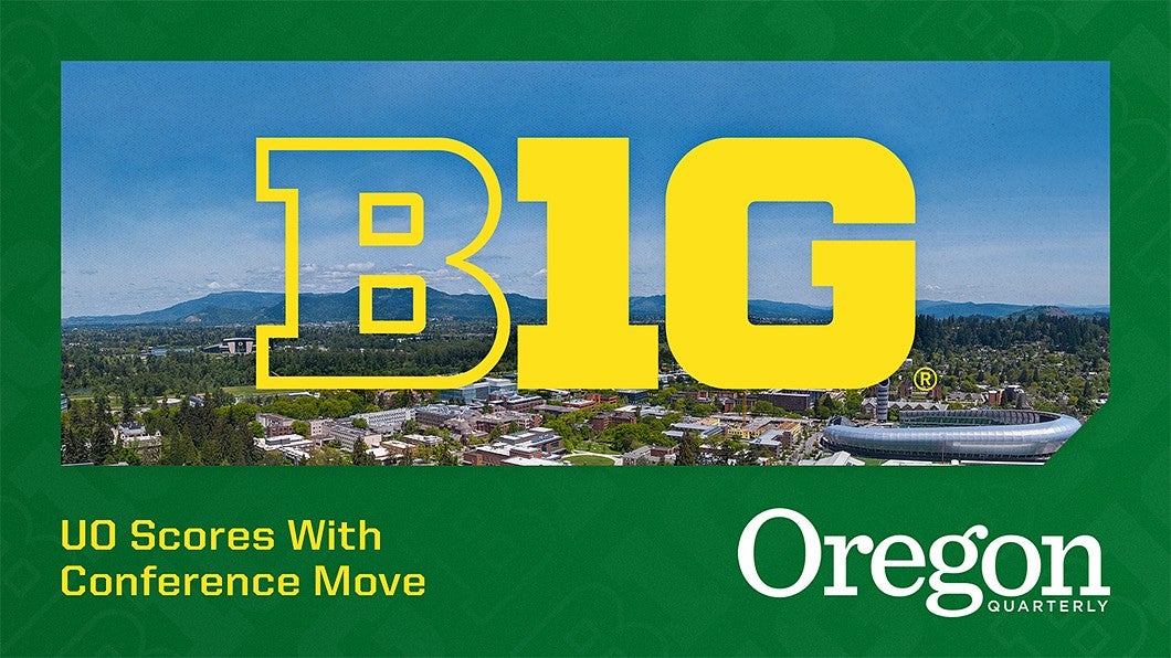 Big Ten logo above UO campus skyline