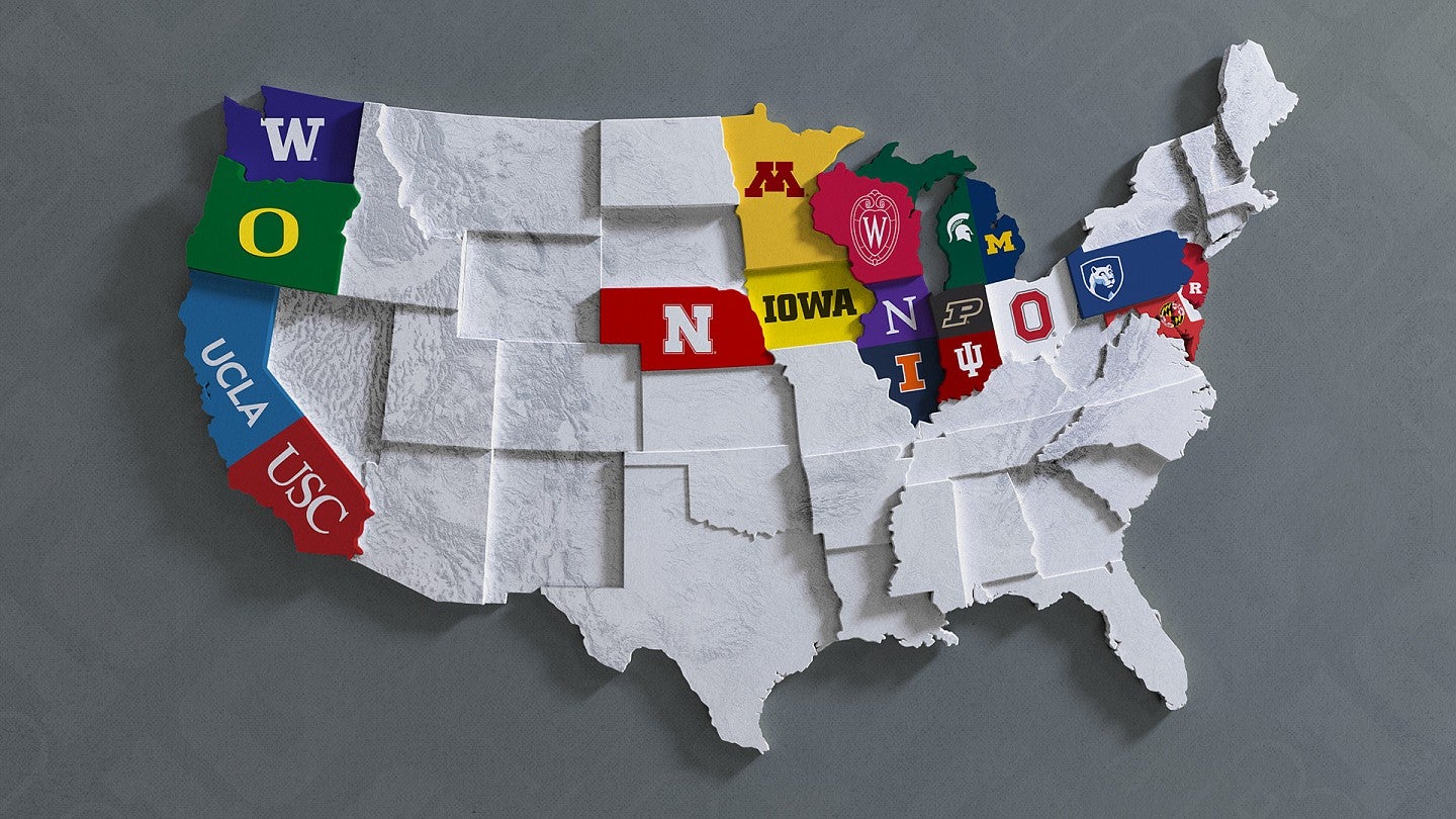 Map of USA with Big Ten university logos