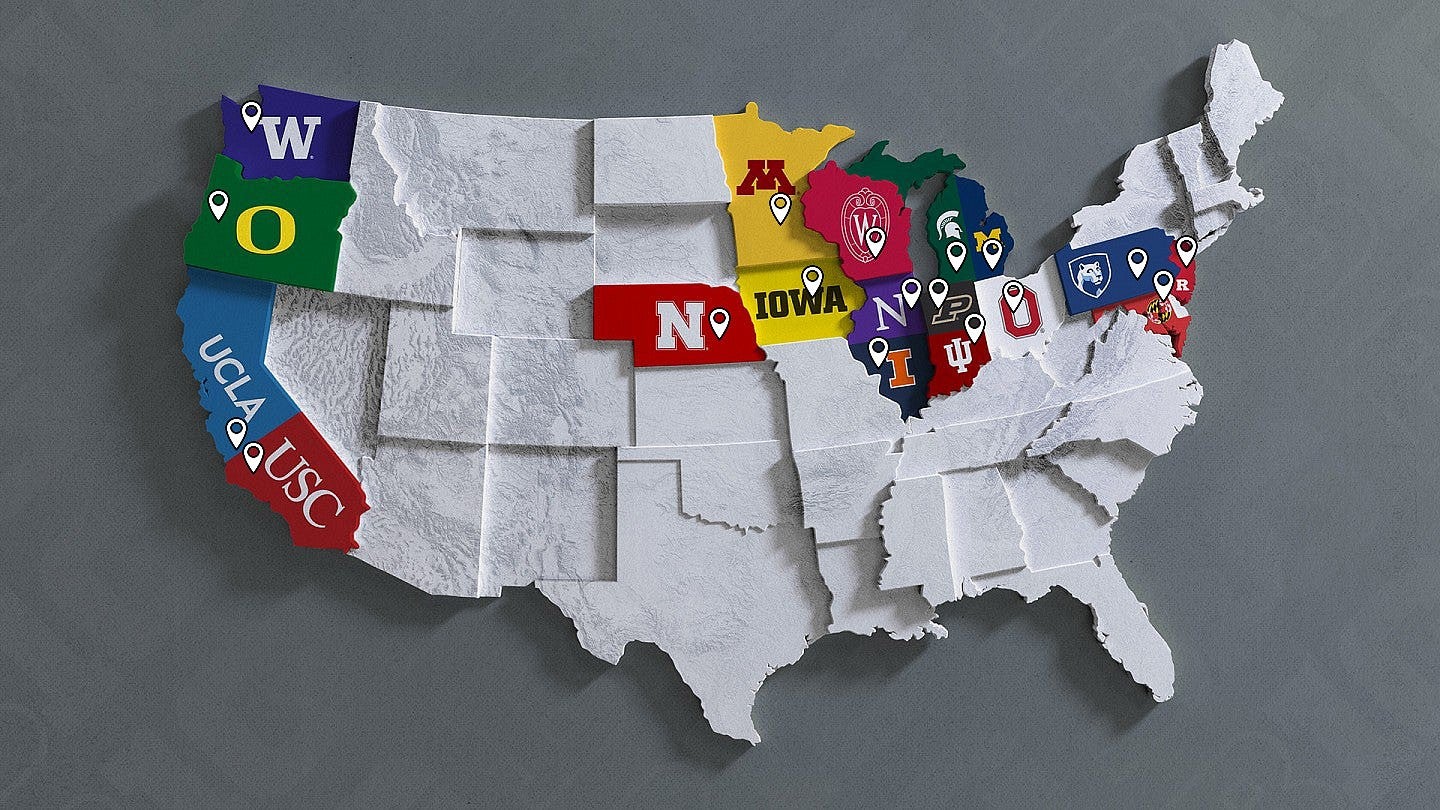 Map of the USA with pins at each of the Big 10 school locations. Click to go to the full list of schools.