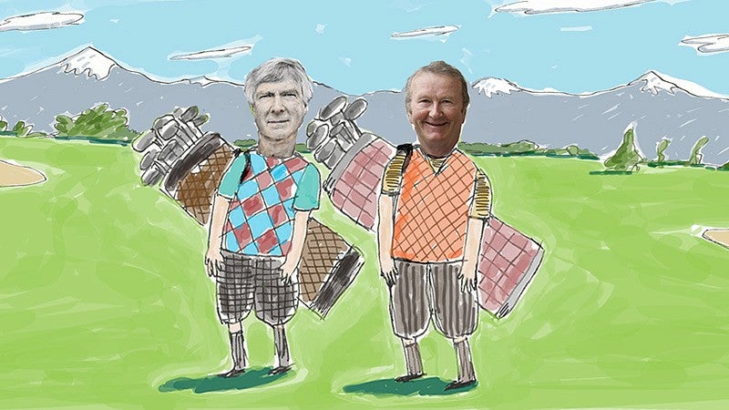 Photo illustration of John and Dave Frohnmayer playing golf