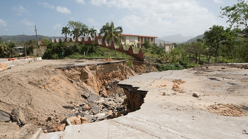 Destruction of roads in Puerto Rico after 2017 Hurricane Maria 
