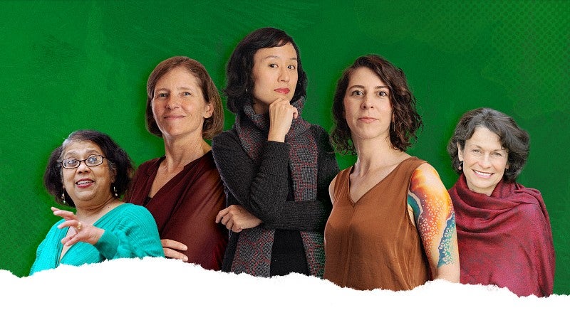 group of five women faculty against green background