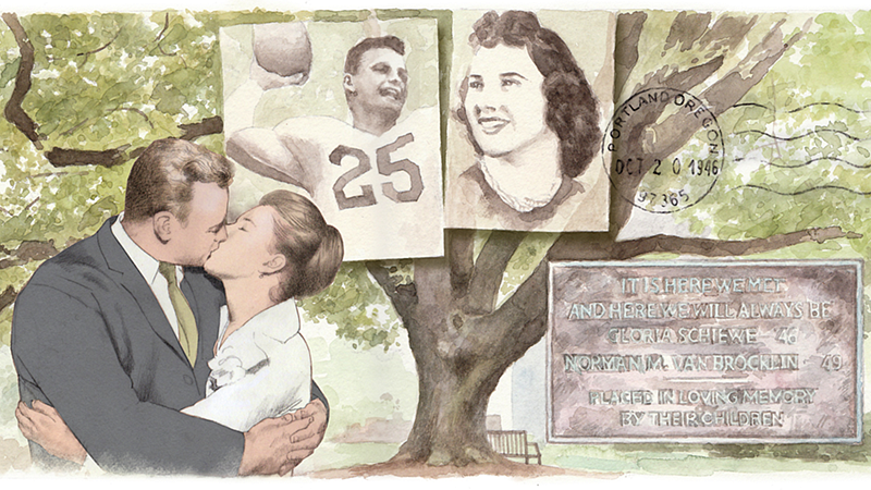 Photo and illustration of Gloria and Norm Van Brocklin