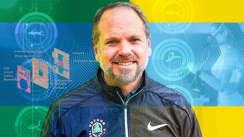 illustrated portrait of faculty member Mike Hahn with sports images in background