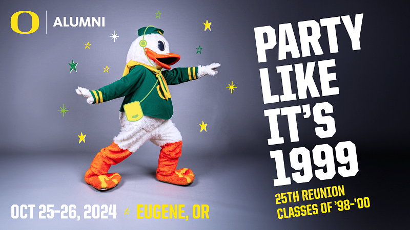 Ducks with headphones and confetti, headline: party like 1999
