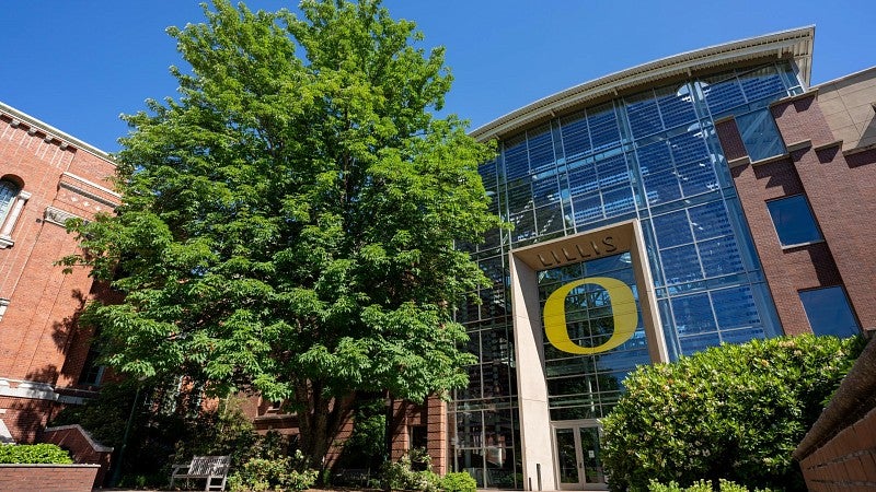 The yellow buckeye tree in front of the Lillis Business Complex in full summer foliage; UO's "O" brand is visible in the windows of the building.of 