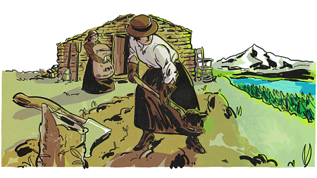 Illustration of Dr. Marie Equi working Oregon homestead