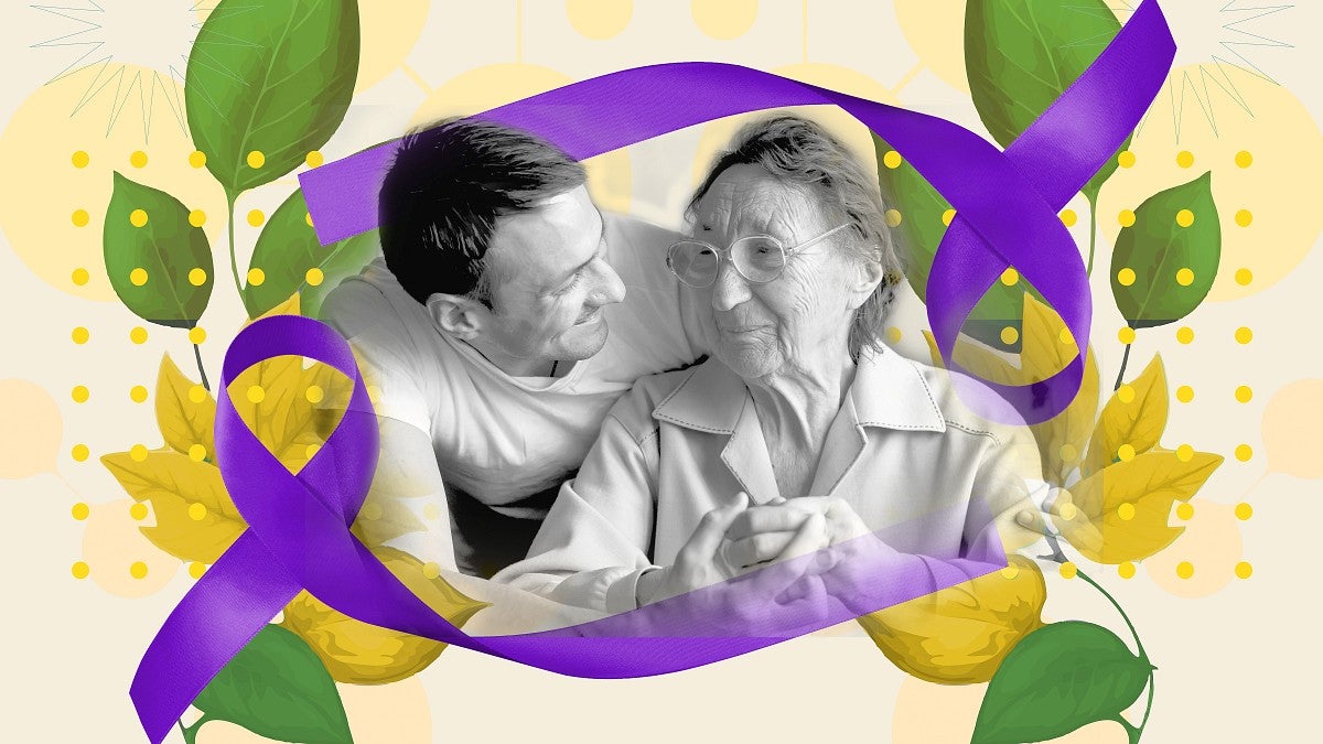 a young man comforts an older woman in an illustration that includes the purple ribbon representing Alzheimer's disease