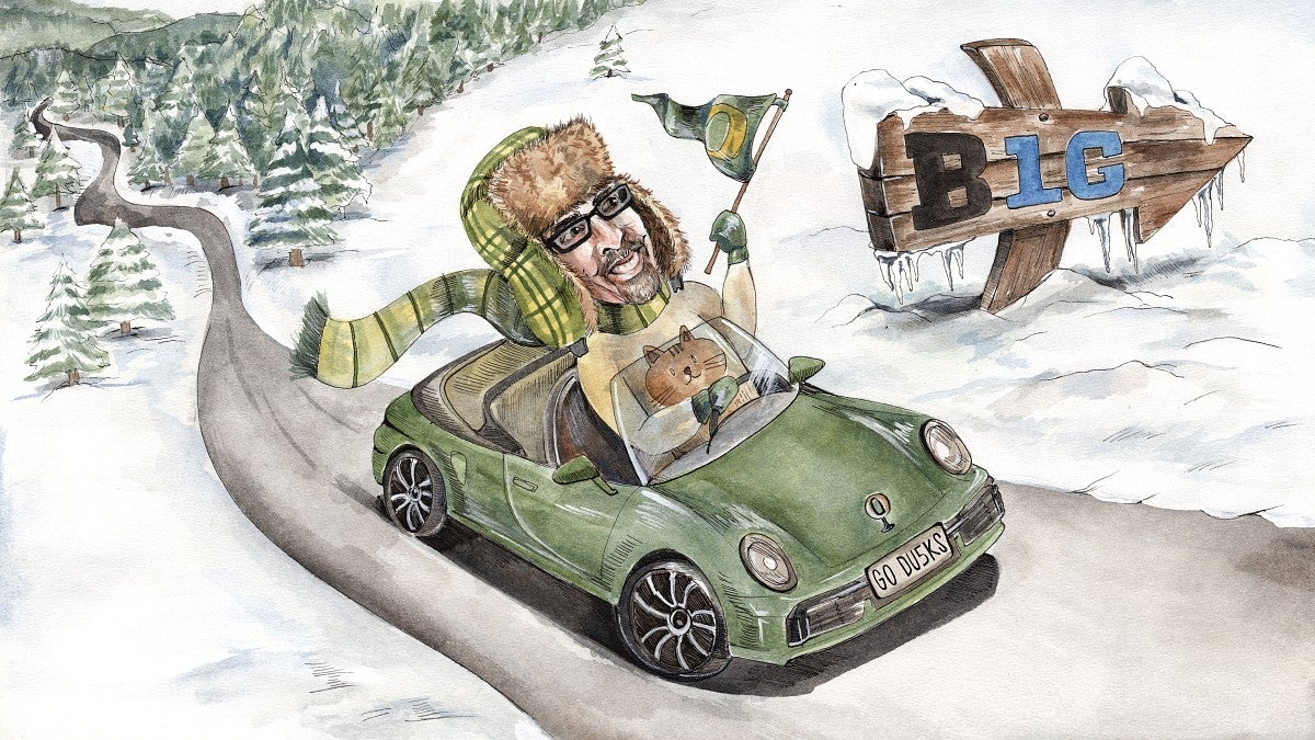 cartoon of man in car heading east into snow