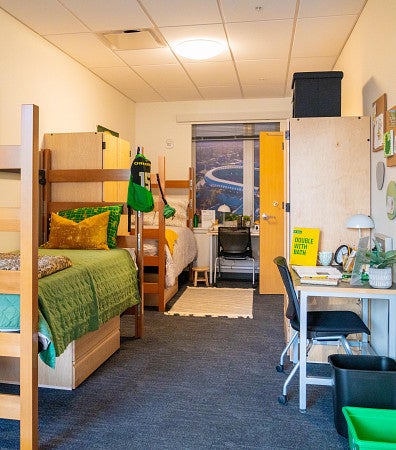 Unthank Hall model residence room with bunk bed and desk