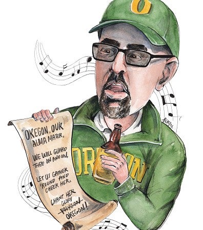 illustration of man in uo green holding sheet music and a beer
