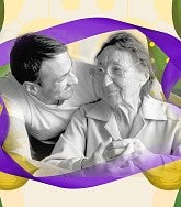 a young man comforts an older woman in an illustration that includes the purple ribbon representing Alzheimer's disease