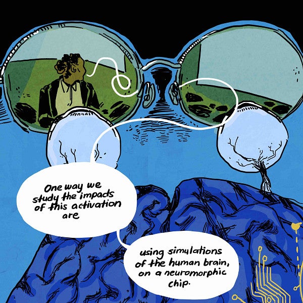 Cartoonist rendition of seratonin with glasses and circuitry