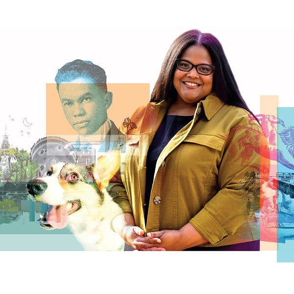 collage of professor Daisy-O’lice Williams showing architect Paul Revere Williams and her dog