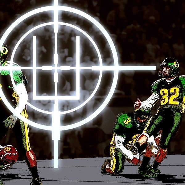 An illustration of placekicker Josh Frankel kicking the game winner with a large bull's eye radar