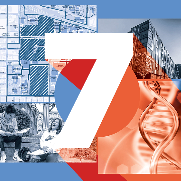 graphic numeral 7 with thumbnail scenes of uo campus
