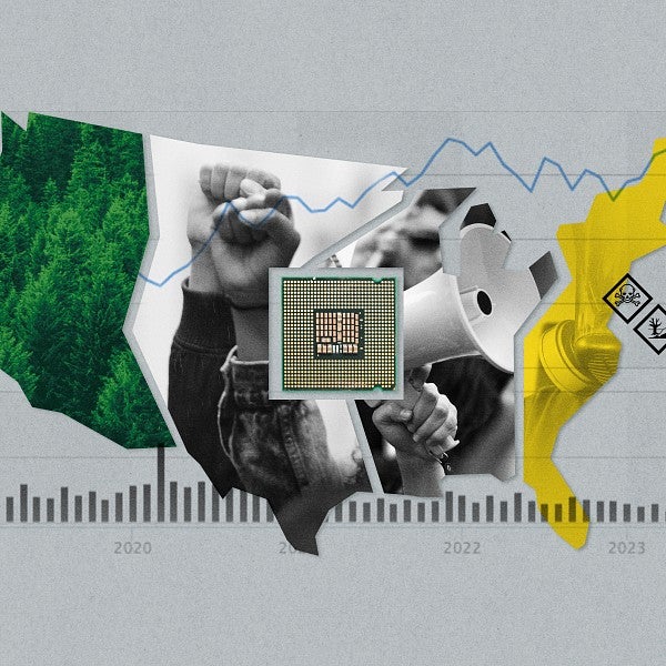 illustration of USA divided into four slices with scenes of pollution and protest against graph of upward profit trend