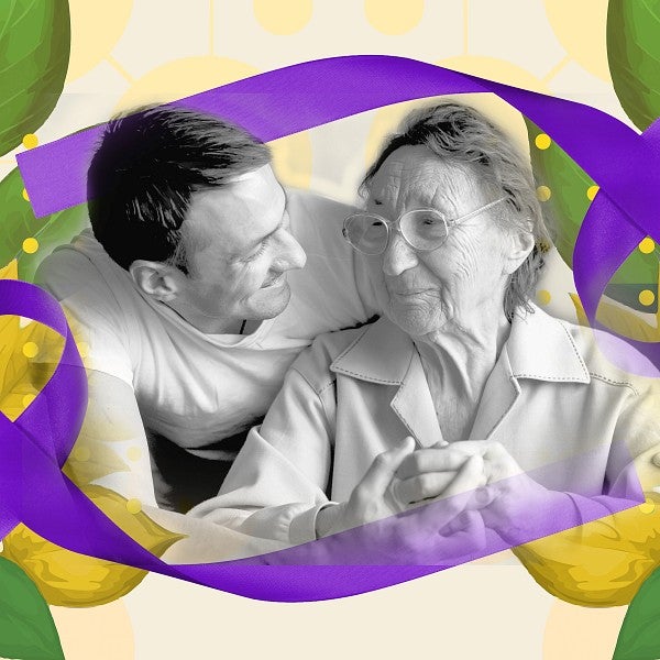 a young man comforts an older woman in an illustration that includes the purple ribbon representing Alzheimer's disease