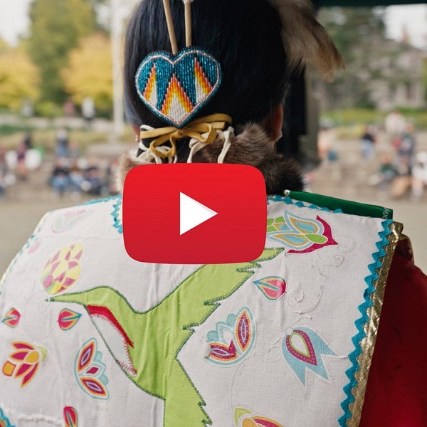 Keyen Singer, a member of the Confederated Tribes of the Umatilla Indian Reservation, in regalia at the Erb Memorial Union